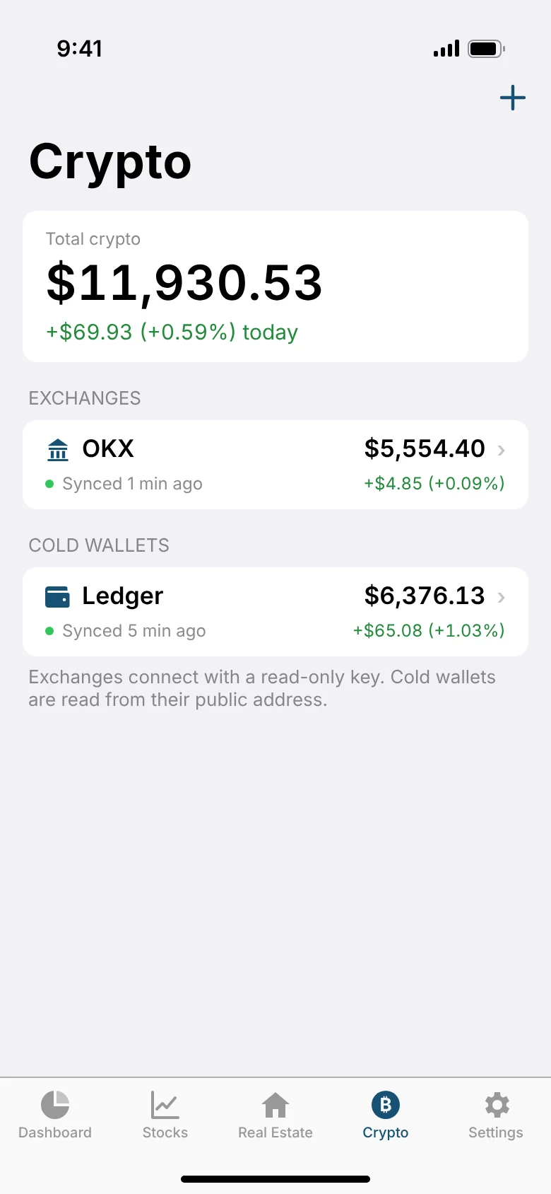 Crypto tab: an OKX exchange account and a Ledger cold wallet, with total value and the change in the last 24 hours.