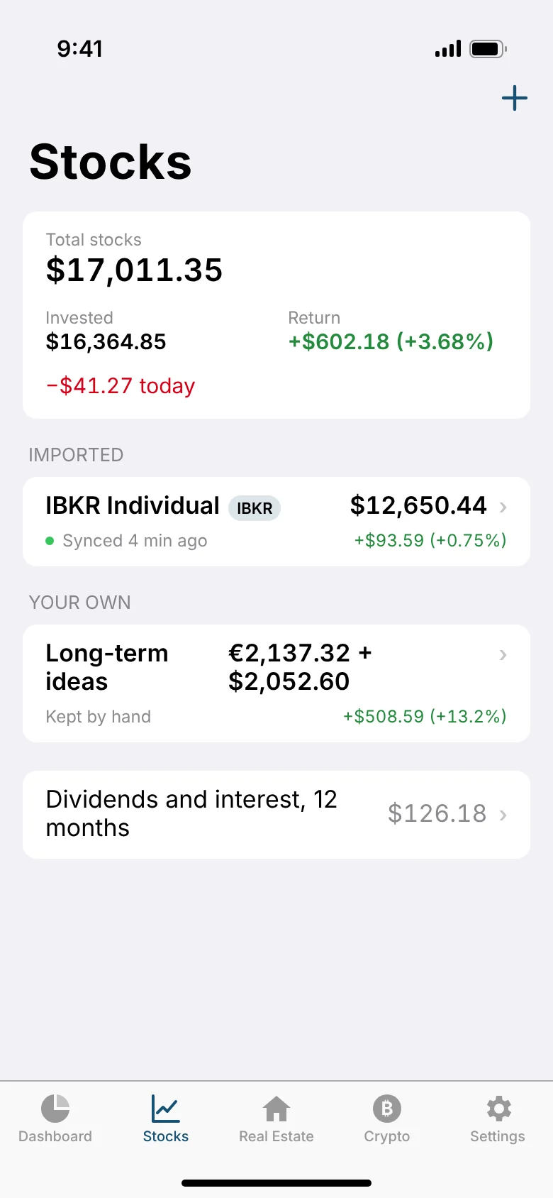 Stocks tab: an imported Interactive Brokers account and a portfolio kept by hand, with total value, amount invested and return.