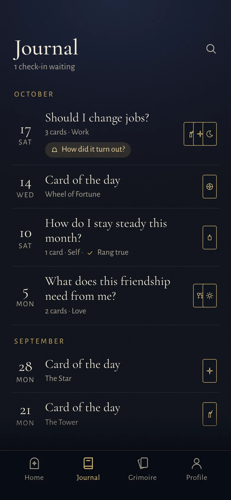 Journal: past readings by date, with a check-in waiting on one that asks how it turned out.