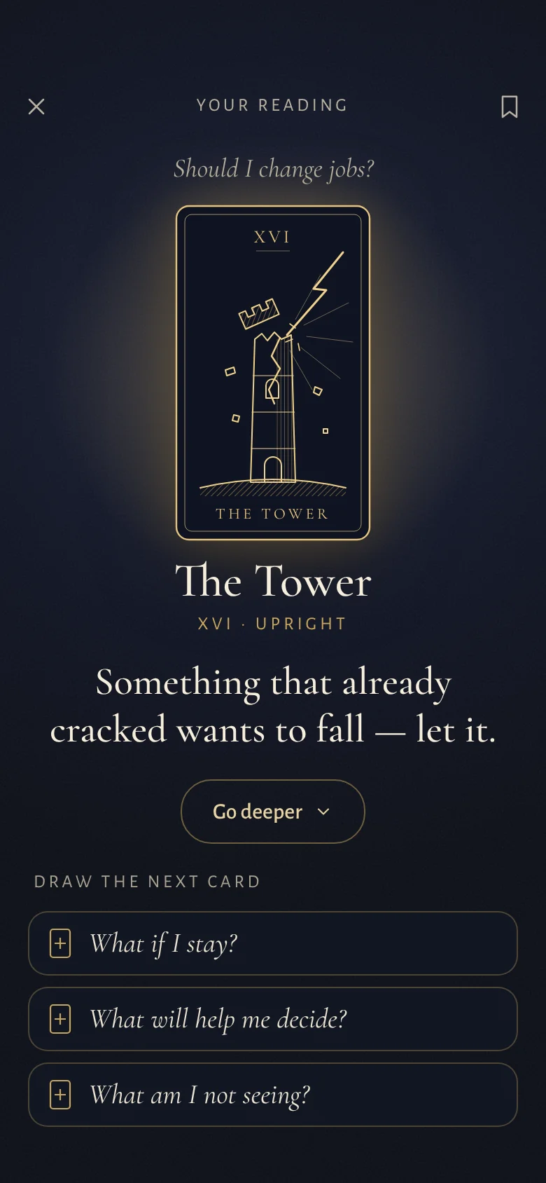 Veil reading for the question “Should I change jobs?”: The Tower, upright, with the answer “Something that already cracked wants to fall — let it.” and follow-up questions to draw the next card.